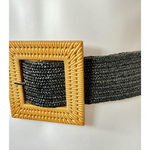 Square Wooden Buckle Straw Rattan Elastic Belt Womens One Size Brown/Black - Picture 8 of 13